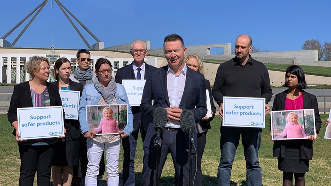 CHOICE CEO Alan Kirkland, staff and stakeholders at a product safety event outside Parliament House, Canberra.